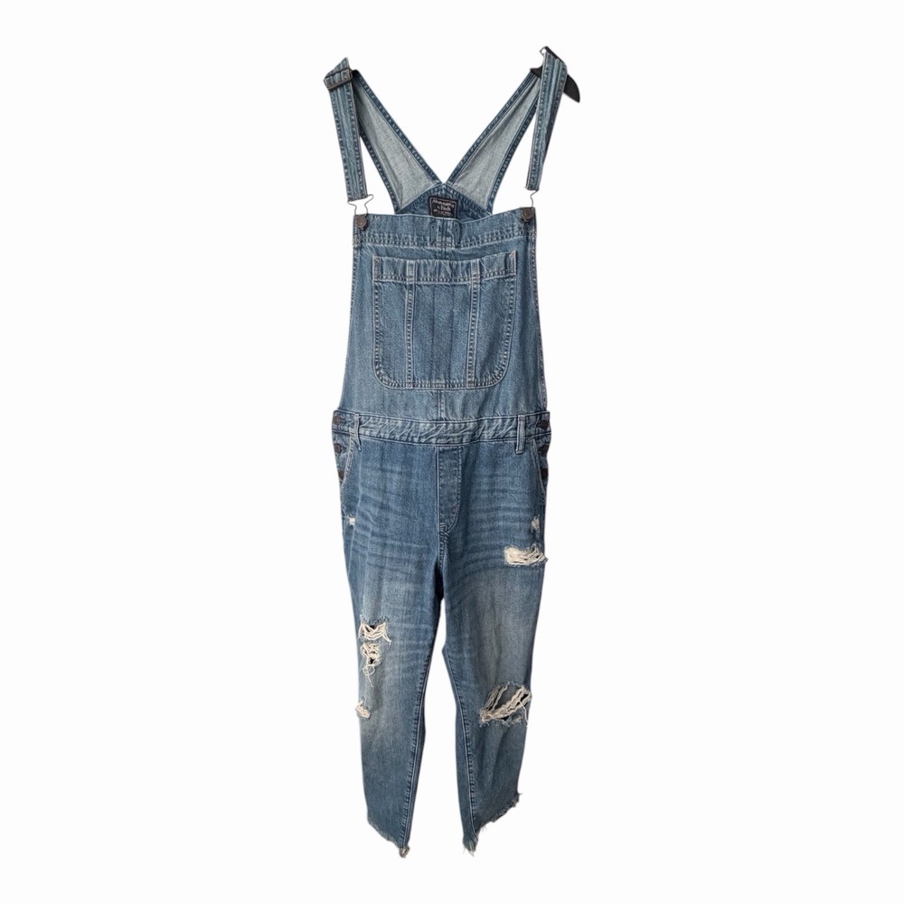 Abercrombie & Fitch Denim Overalls Women L Distressed Ripped Y2K Grunge Jeans